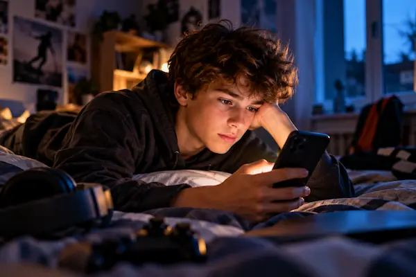 Adolescent allongé sur son lit le soir, le visage éclairé par l'écran de son téléphone