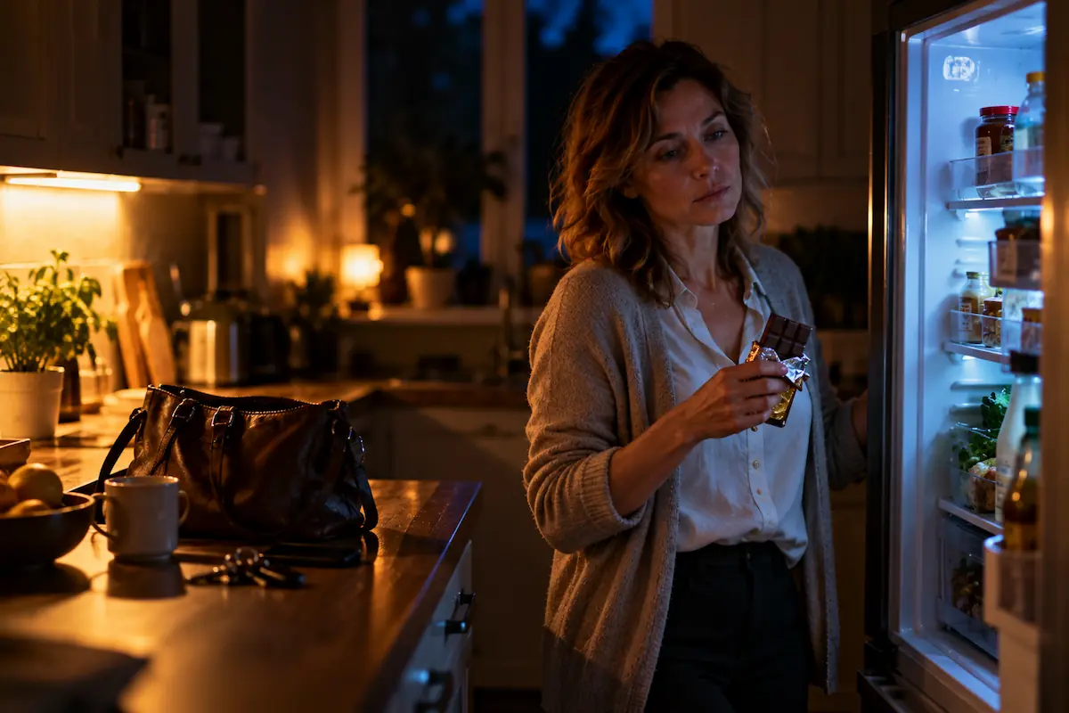 Femme devant un placard ouvert le soir, la main tendue vers un paquet de biscuits : le grignotage émotionnel