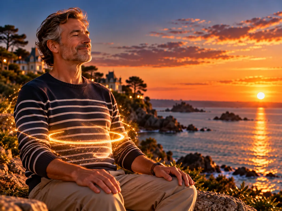 Homme qui marche d'un pas léger sur le sentier côtier de Dinard au coucher du soleil