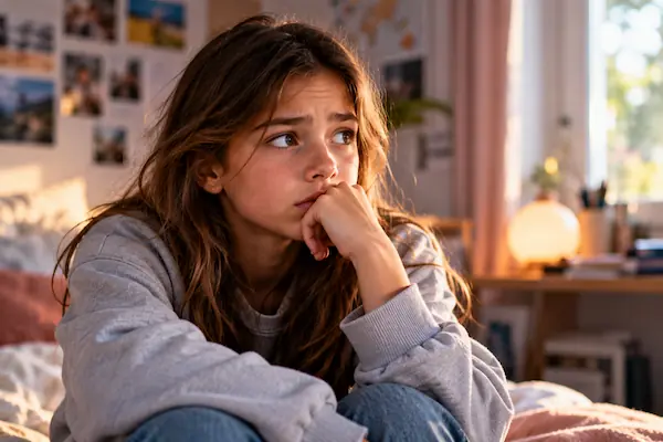 Adolescente pensive et inquiète, le menton dans la main, assise sur son lit
