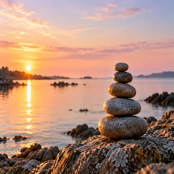 Galets empilés au bord d'une mer calme au petit matin