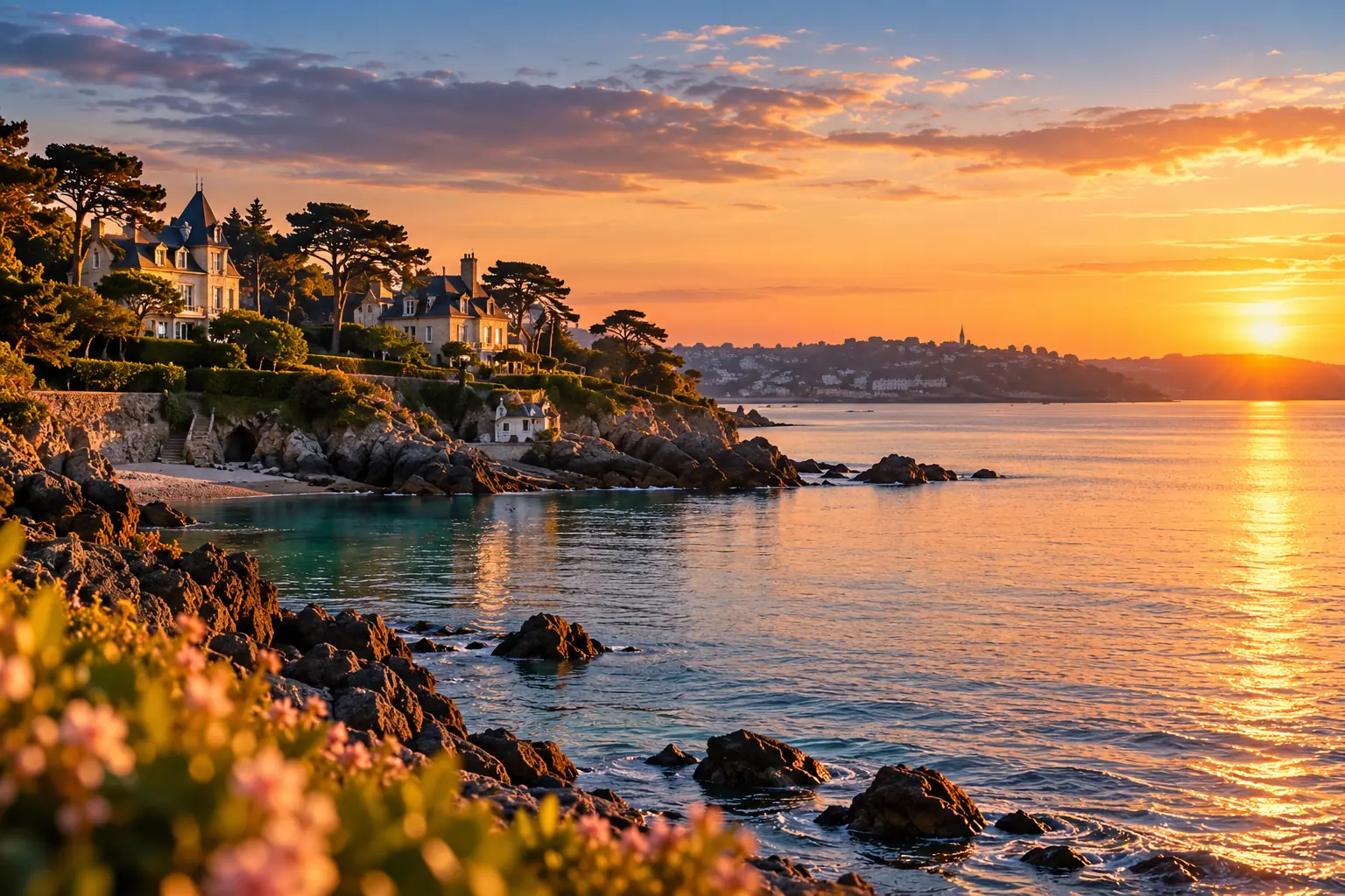 Villas Belle Époque de Dinard face à la mer au coucher du soleil, avec Saint-Malo au loin
