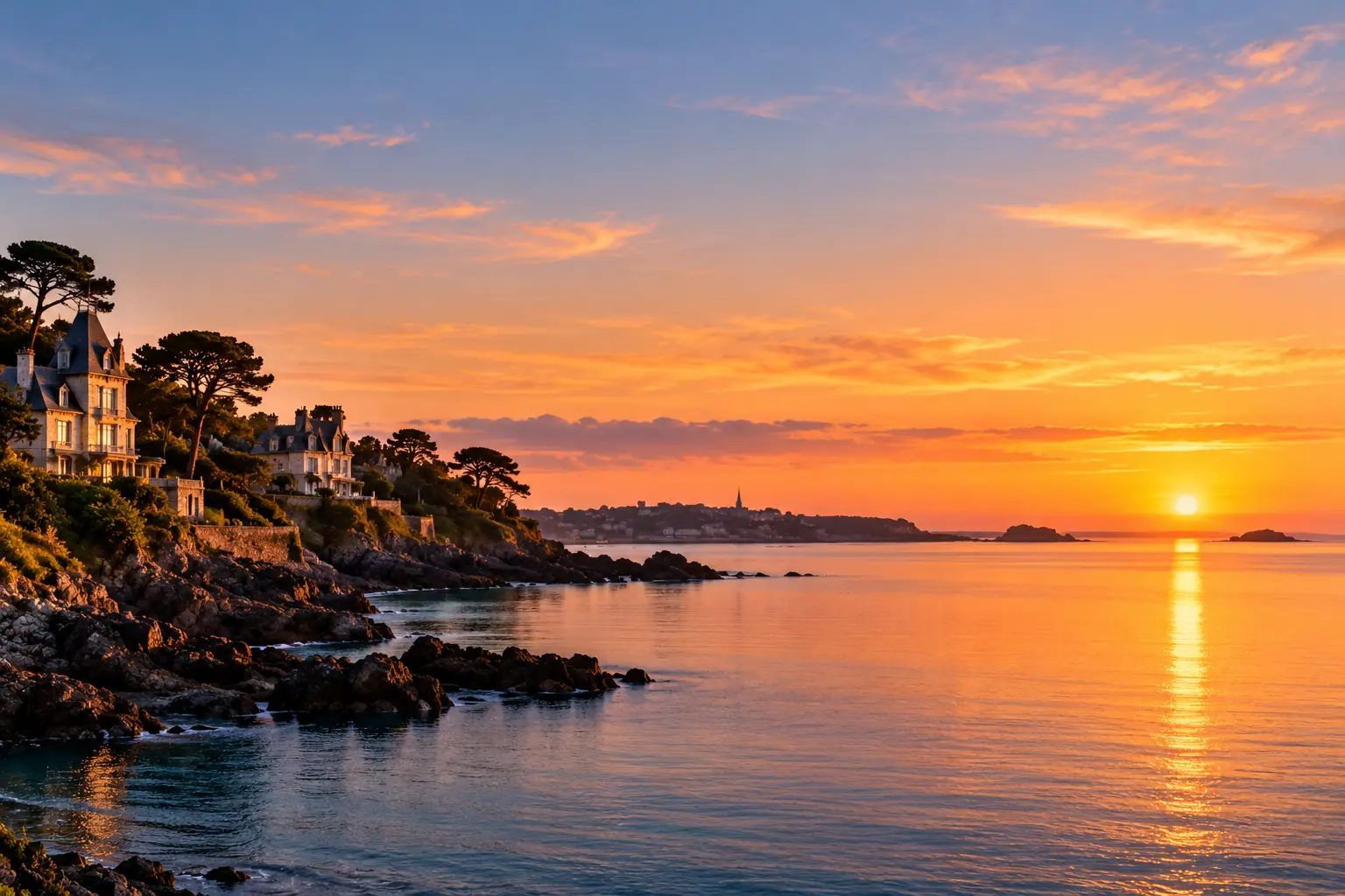 Baie de Dinard au crépuscule, mer calme et villas Belle Époque sur la côte