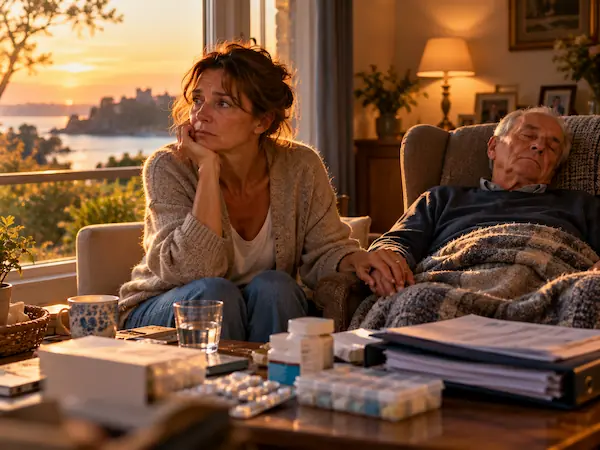 Femme fatiguée tenant la main de son père âgé qui somnole dans un fauteuil, le regard perdu par la fenêtre