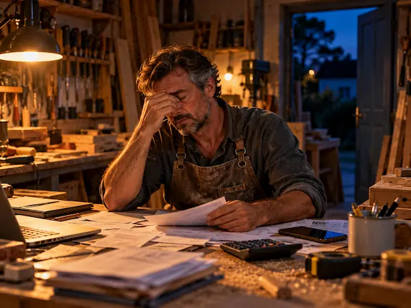 Artisan menuisier fatigué le soir dans son atelier, penché sur des factures et des devis, se frottant les yeux