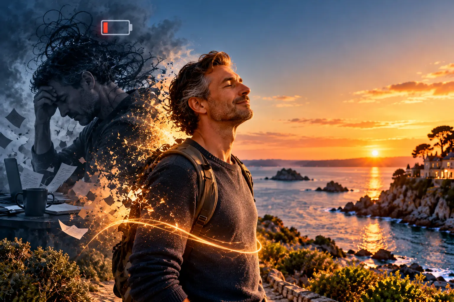 Homme qui passe de l'épuisement du burn-out, la tête dans la main devant son ordinateur, à l'apaisement, les yeux fermés face à la mer au coucher du soleil à Dinard