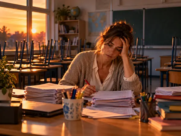 Enseignante épuisée seule dans sa salle de classe vide en fin de journée, le front dans la main devant une pile de copies