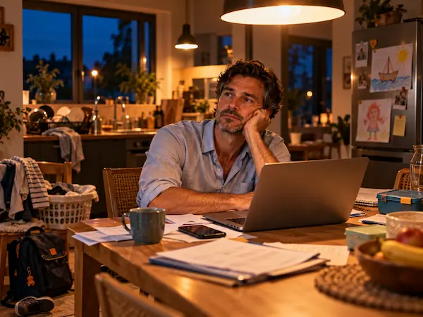 Père épuisé le soir à la table de la cuisine, le regard dans le vide, entre ordinateur, linge à plier et cartable