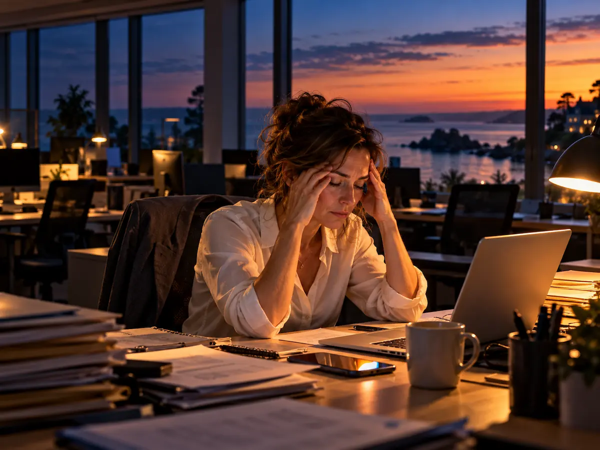 Femme épuisée seule à son bureau le soir dans un open space déserté, les yeux fermés, se massant les tempes devant son ordinateur
