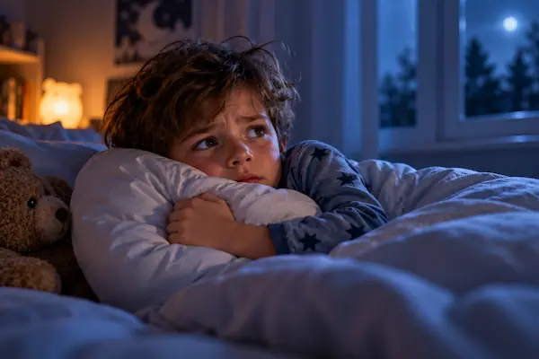 Petit garçon inquiet, serré contre son oreiller dans sa chambre la nuit