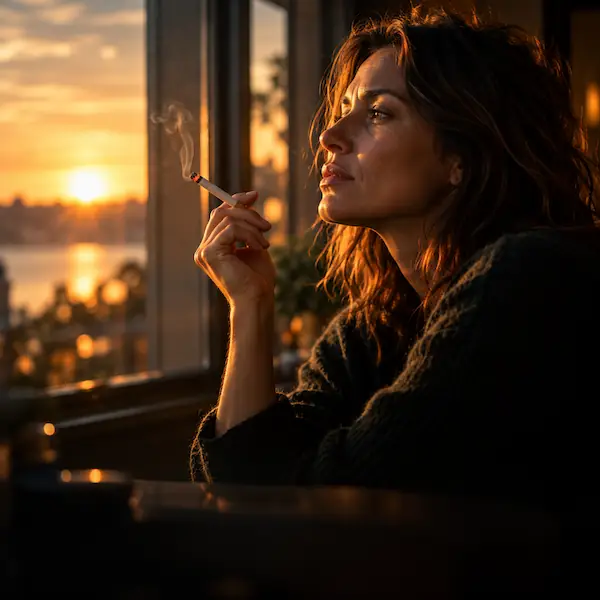 Femme pensive près d'une fenêtre, une cigarette allumée à la main