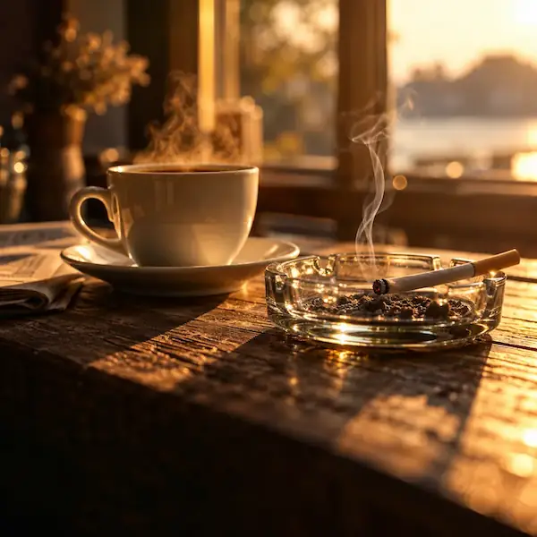 Tasse de café fumante et cigarette allumée posée sur un cendrier, le matin près d'une fenêtre