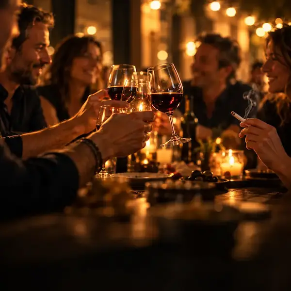 Amis qui trinquent avec des verres de vin rouge lors d'une soirée, l'un d'eux tenant une cigarette