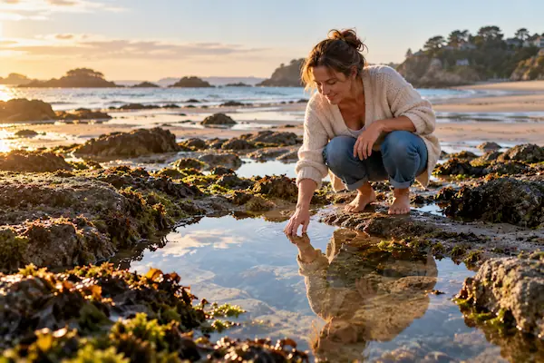 Femme qui observe son reflet dans une flaque d'eau claire à marée basse, sur la côte bretonne