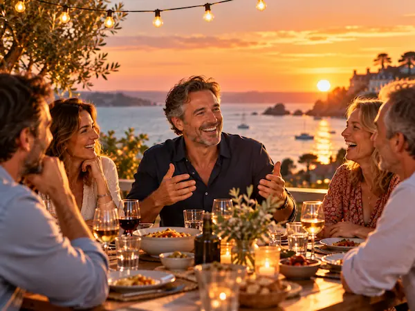 Homme qui raconte une histoire à ses amis attablés sur une terrasse en bord de mer au coucher du soleil, toute la tablée rit avec lui