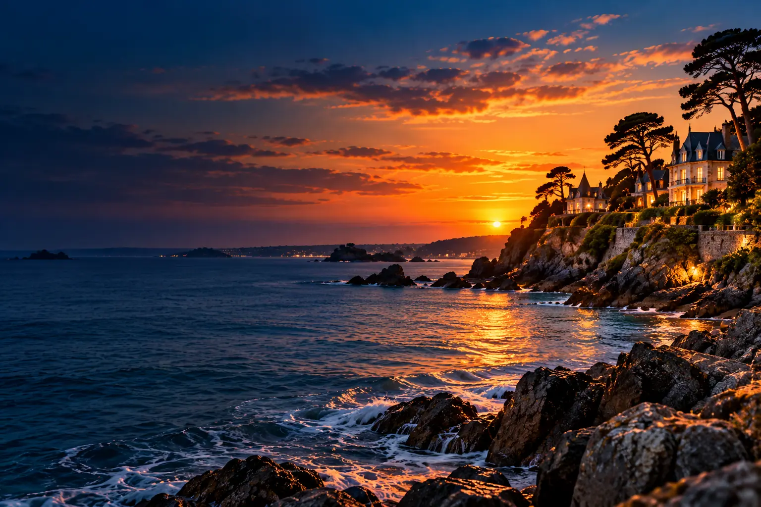 Pointe rocheuse de la Côte d'Émeraude au crépuscule à Dinard, villas Belle Époque éclairées et pins maritimes au bord de la mer