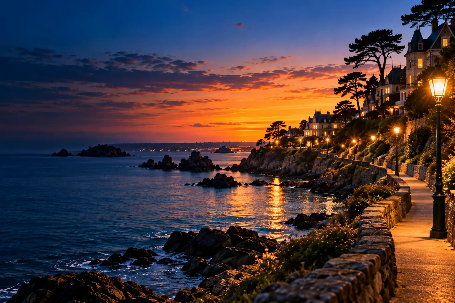 Sentier côtier éclairé par des lampadaires le long de la mer à Dinard à l'heure bleue, avec les villas Belle Époque aux fenêtres allumées