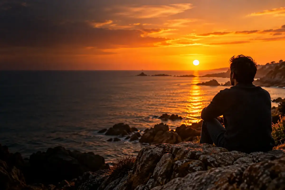 Sentier côtier de Dinard au coucher du soleil, face à la mer, sur la Côte d'Émeraude