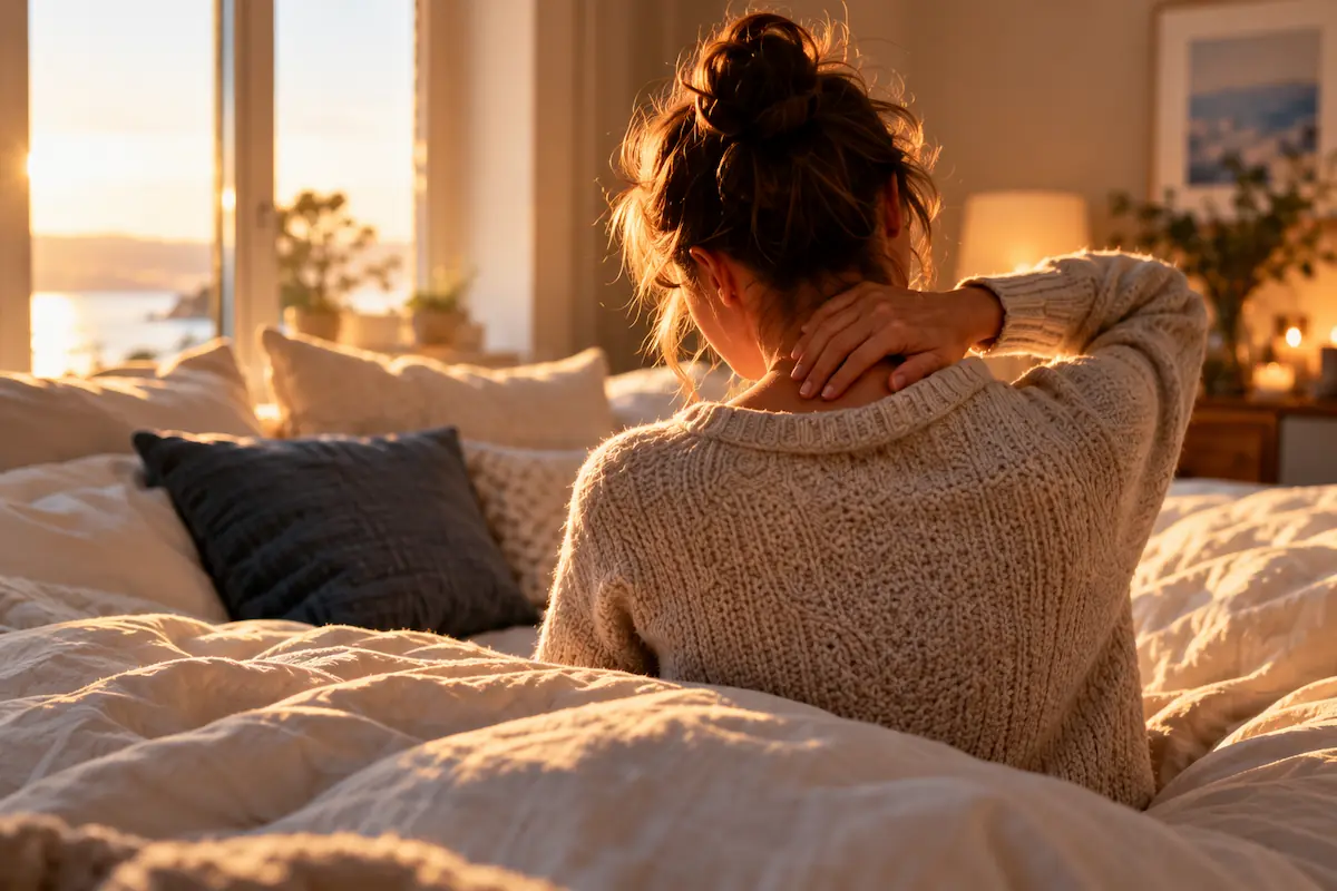 Femme assise dans son lit au petit matin, une main posée sur sa nuque douloureuse