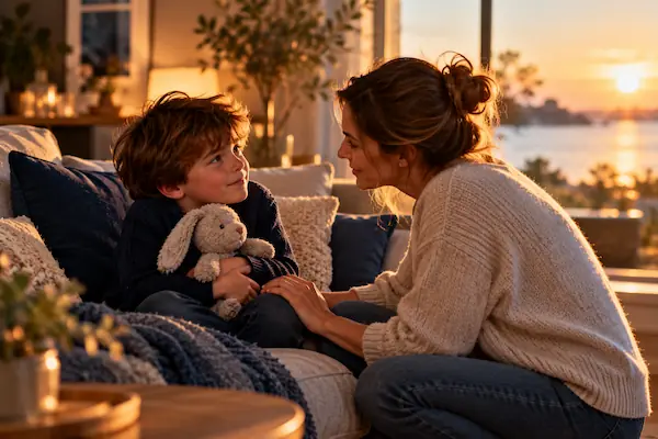Petit garçon serrant son doudou sur le canapé pendant que sa maman, accroupie face à lui, lui parle doucement