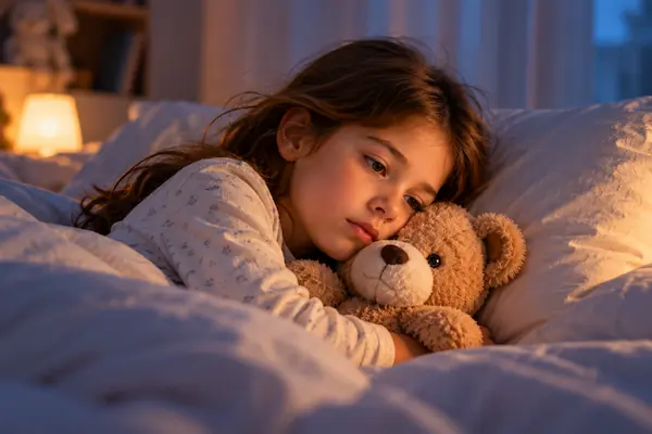 Fillette blottie dans son lit contre son ours en peluche, à la lumière douce d'une veilleuse
