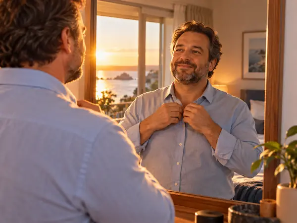 Homme qui ajuste le col de sa chemise devant le miroir de sa chambre le matin et se sourit avec bienveillance