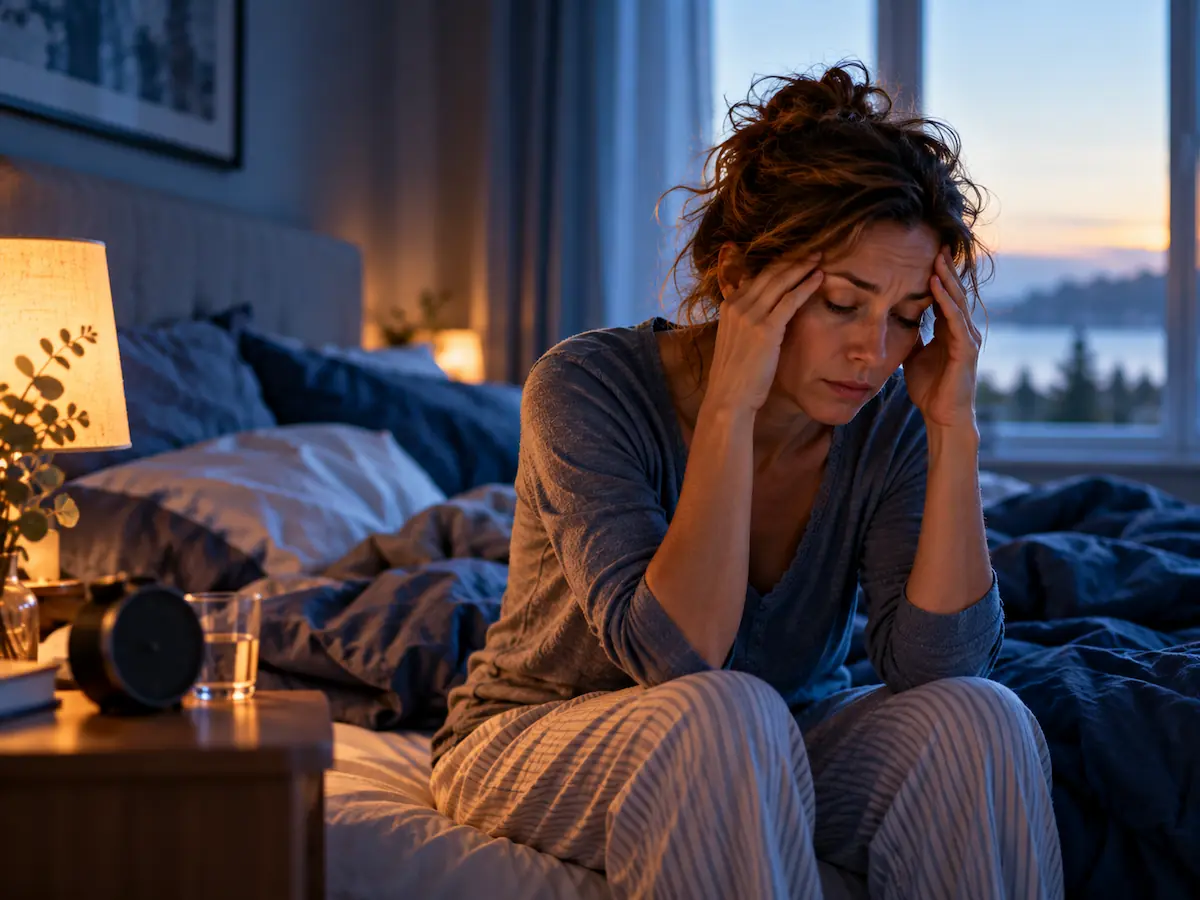 Femme assise au bord de son lit au petit matin, épuisée après une mauvaise nuit