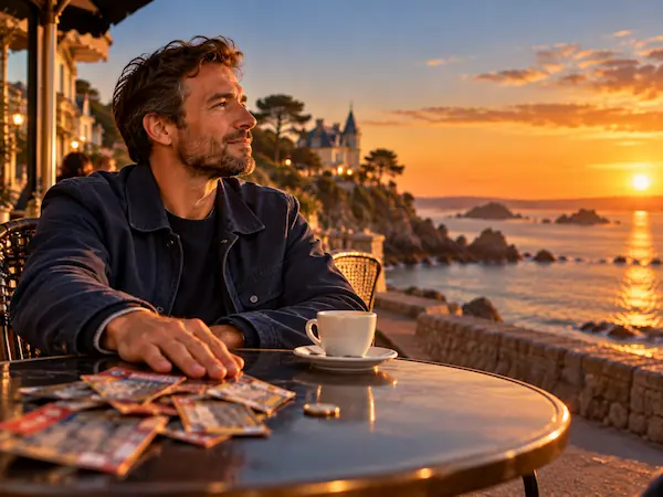 Homme à une terrasse de café en bord de mer qui repousse une pile de tickets à gratter, l'air soulagé