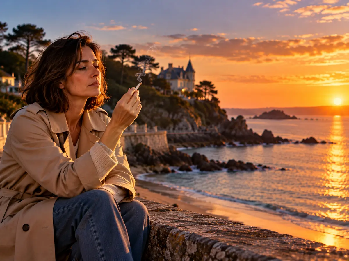 Femme assise sur la digue d'une plage au coucher du soleil, une cigarette allumée entre les doigts, l'air décidé