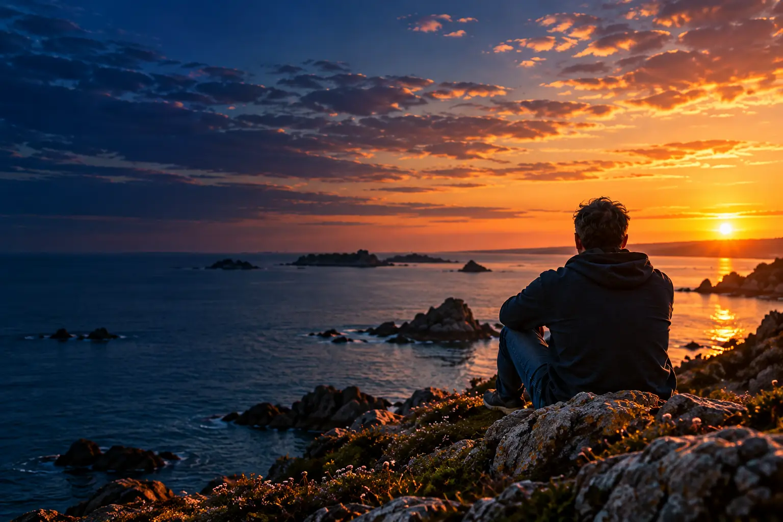 Homme assis de dos sur les rochers de la Côte d'Émeraude, face à la mer et aux îlots au coucher du soleil
