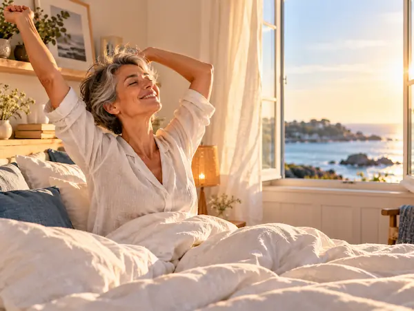 Femme qui se réveille reposée dans une chambre lumineuse aux draps de lin blancs, fenêtre ouverte sur la mer