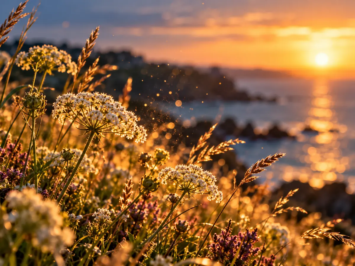 Fleurs sauvages et graminées au bord d'une falaise bretonne, du pollen doré flottant dans la lumière du soleil couchant