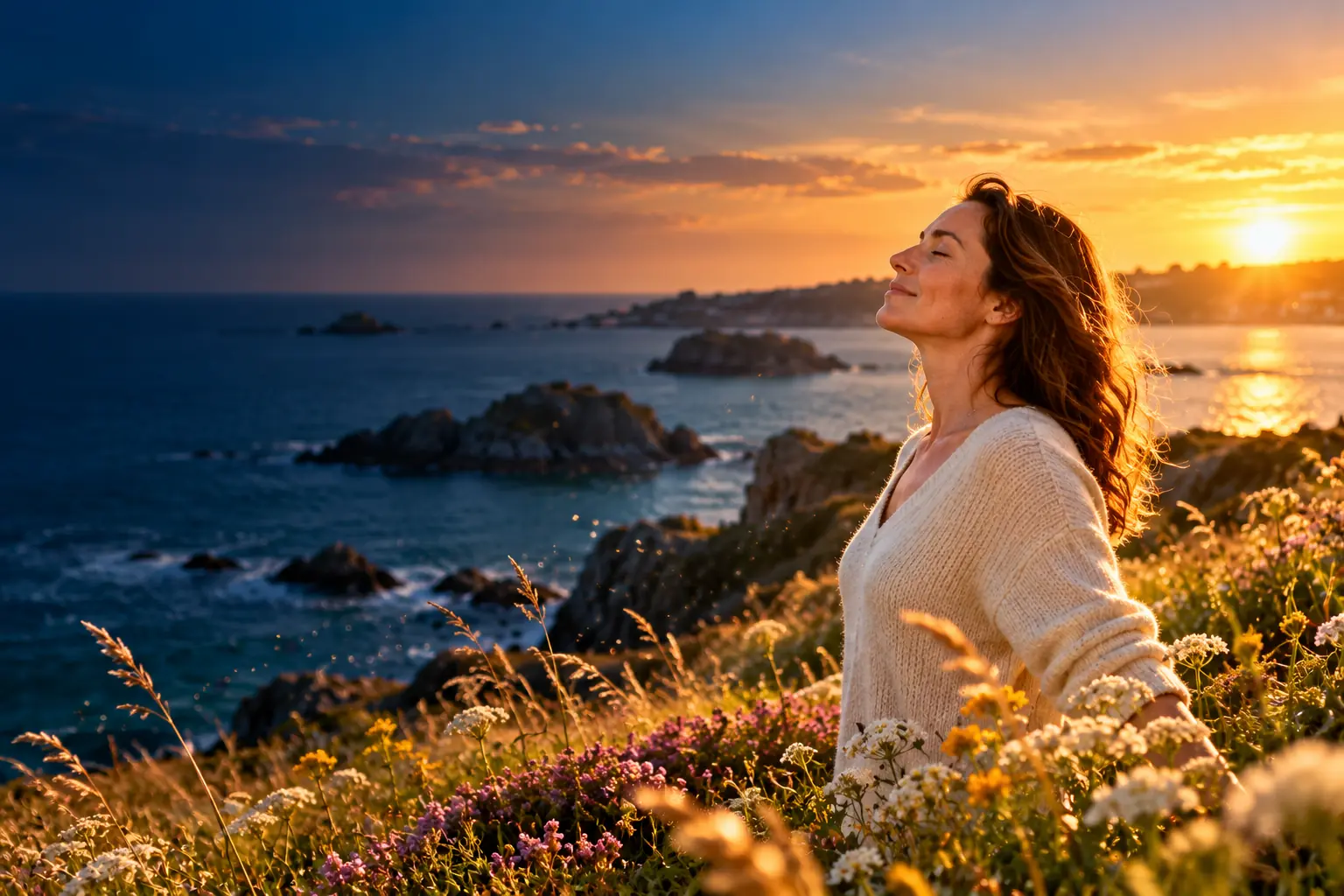 Femme qui respire profondément, les yeux fermés, sur un sentier côtier fleuri de la Côte d'Émeraude au coucher du soleil