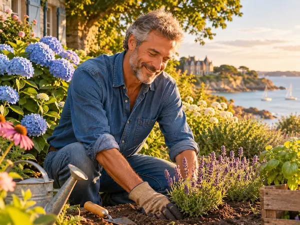 Homme qui jardine sereinement au milieu des hortensias et de la lavande, dans un jardin breton