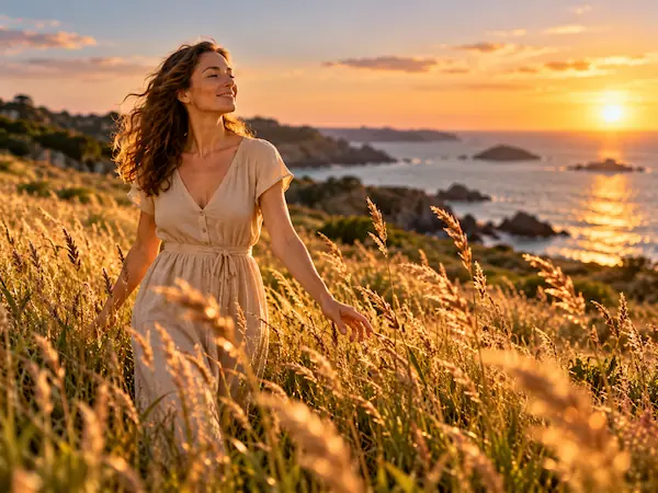 Femme souriante qui marche dans une prairie de hautes graminées près de la côte, au coucher du soleil