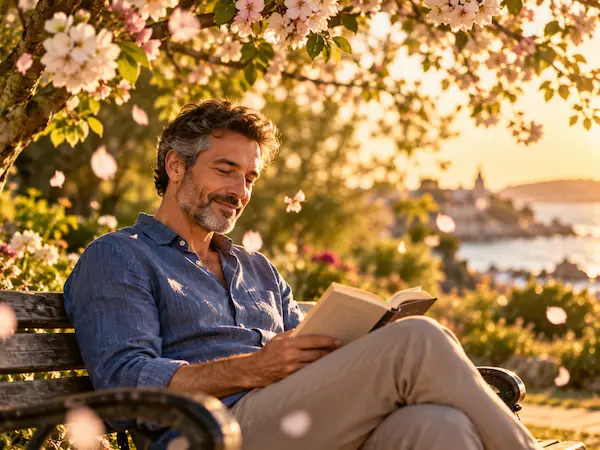 Homme qui lit, détendu, sur un banc sous un arbre en fleurs au printemps