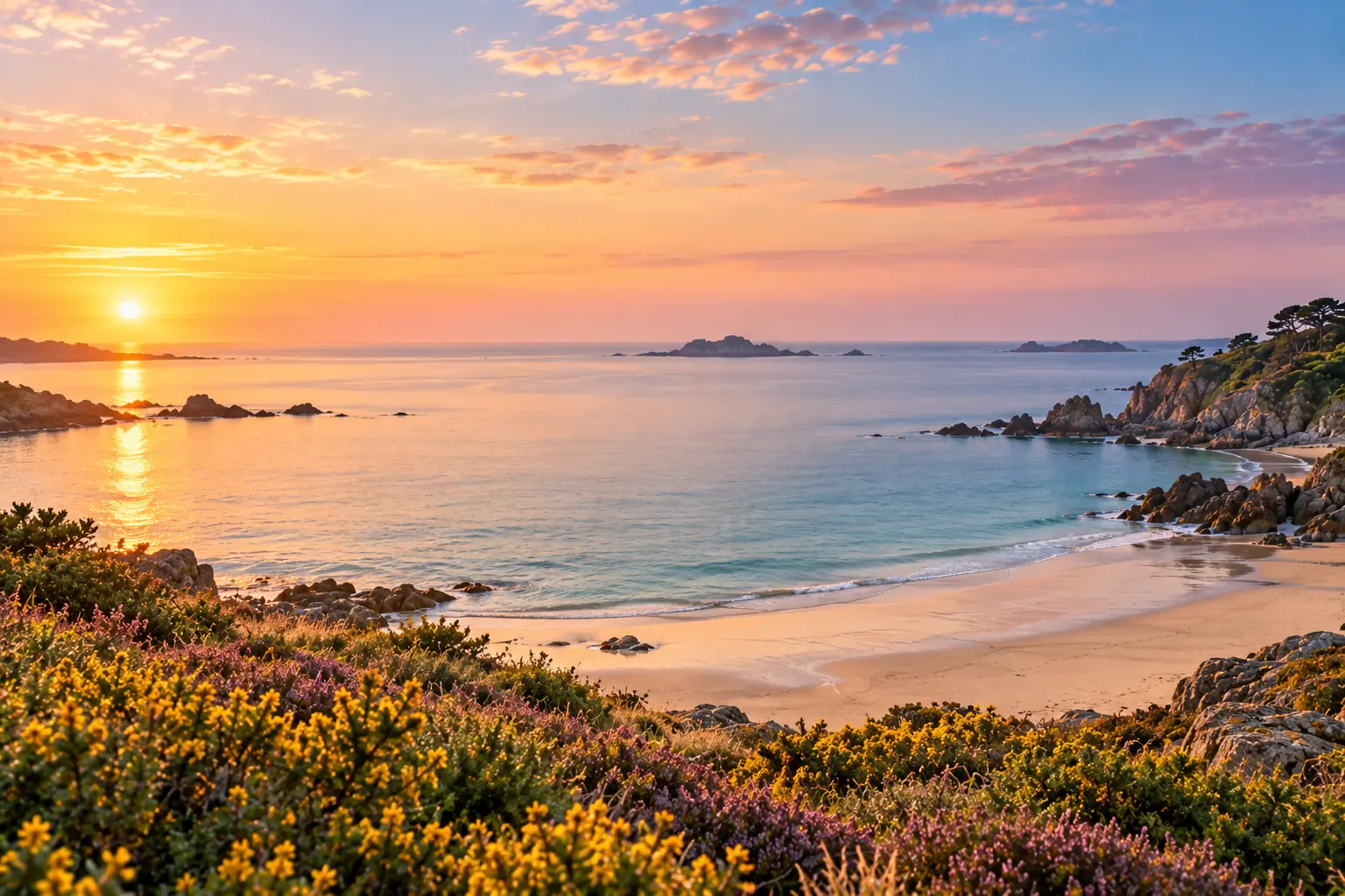 Plage de la Côte d'Émeraude au lever du jour, ajoncs en fleurs au premier plan