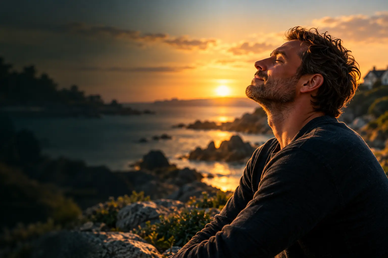 Homme qui respire profondément face à la mer au coucher du soleil, sur la côte bretonne
