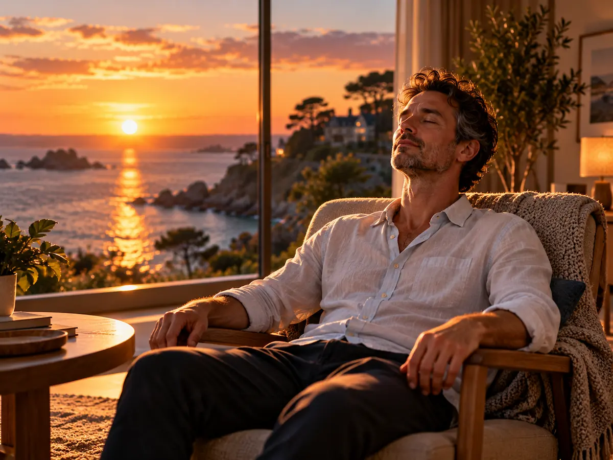 Homme profondément détendu dans un fauteuil, les yeux fermés, pendant une séance d'hypnose face à la mer au coucher du soleil