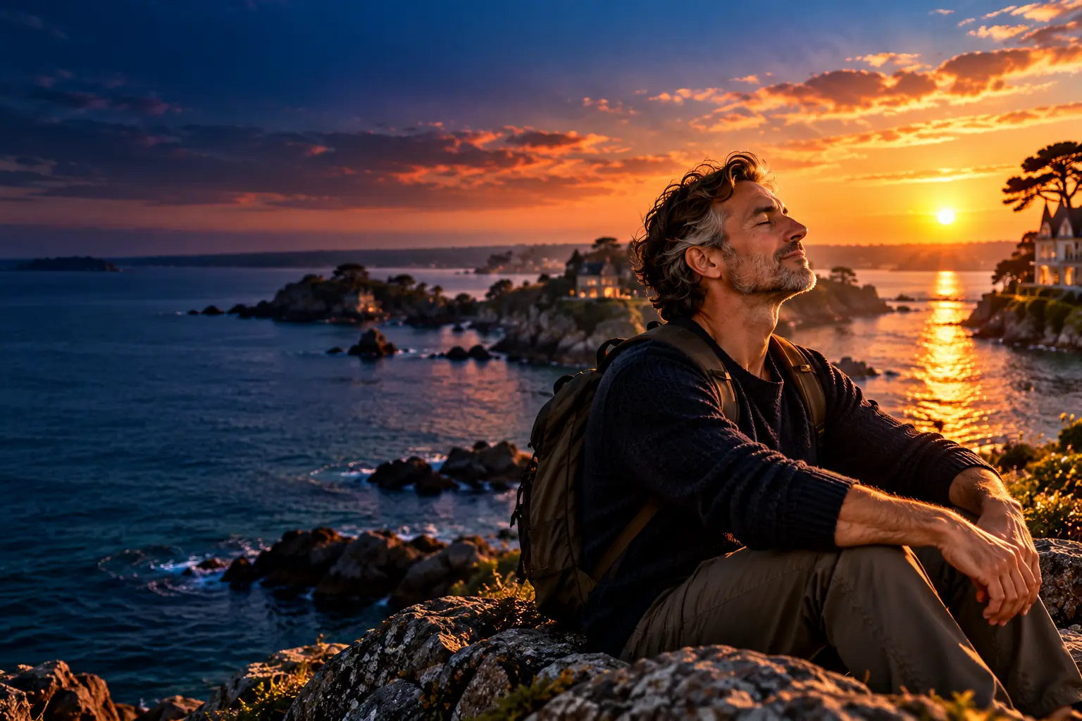 Homme d'une cinquantaine d'années assis sur les rochers face à la mer au coucher du soleil à Dinard, les yeux fermés, enfin apaisé