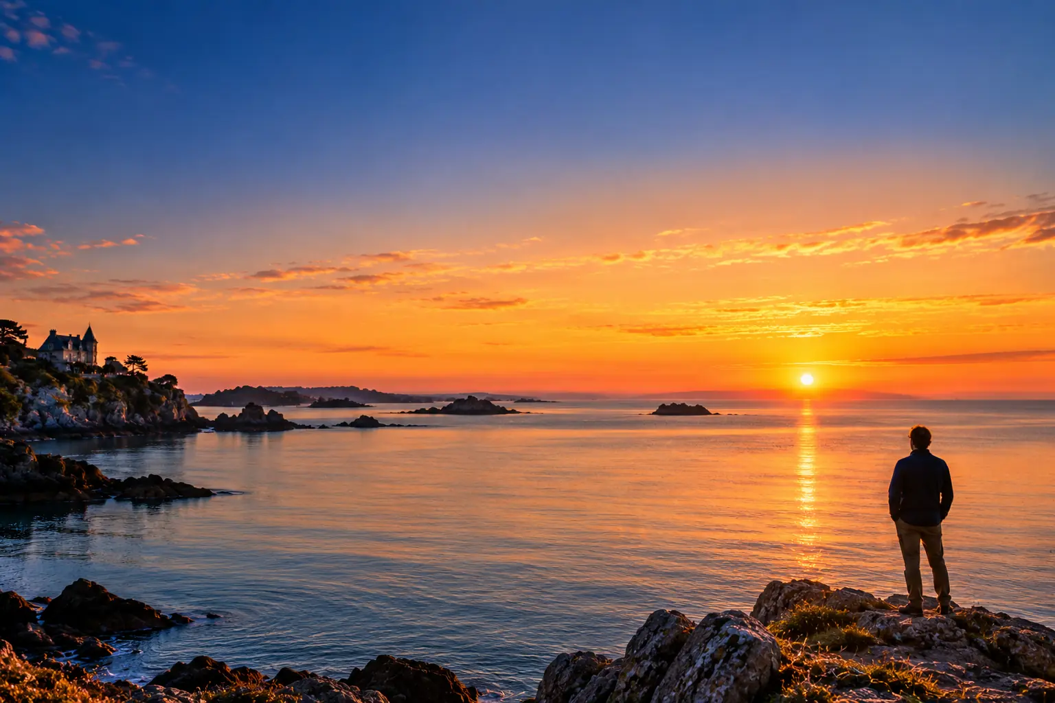 Personne debout de dos sur un rocher de la côte de Dinard, face au soleil qui se lève sur une mer calme