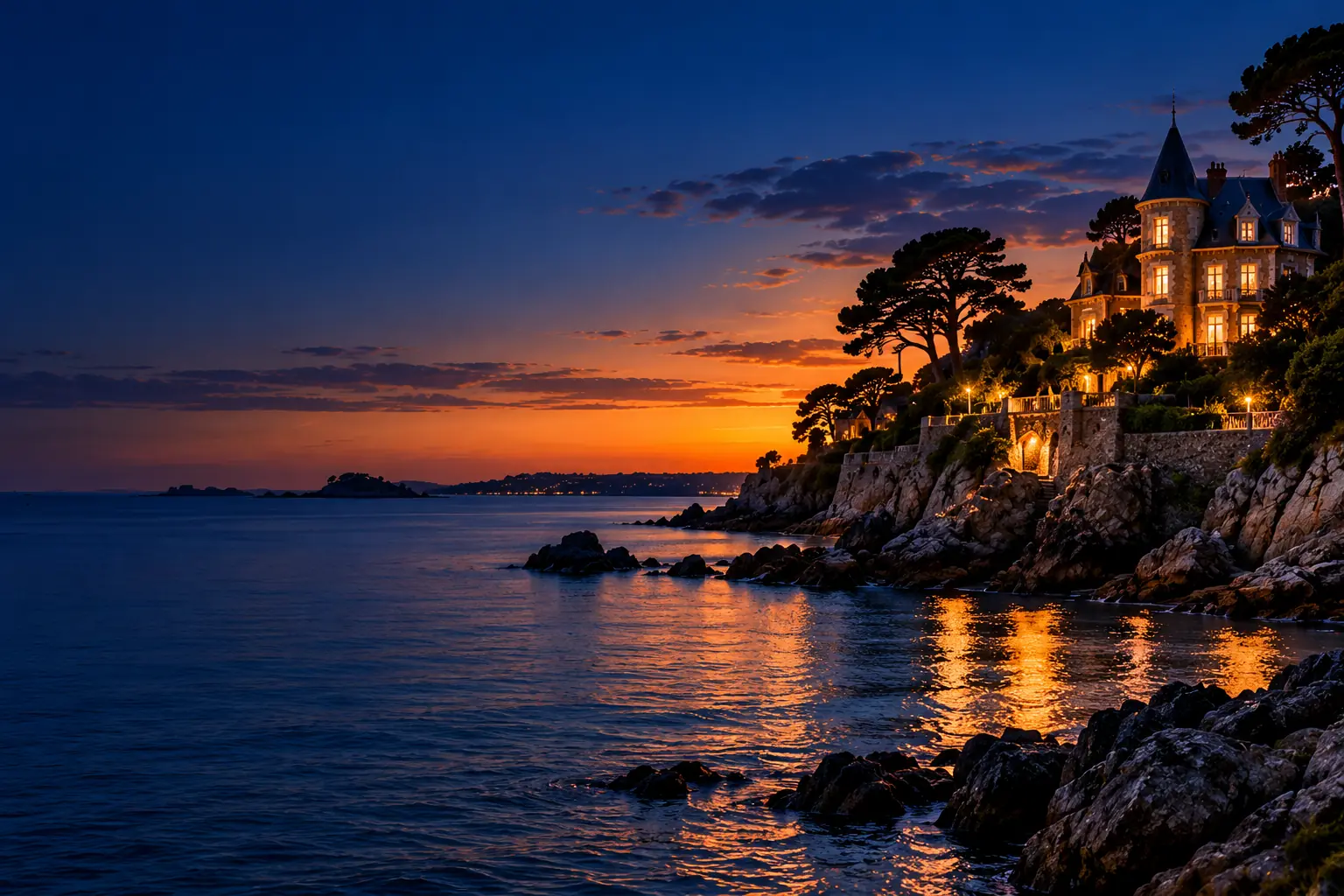 Villa Belle Époque éclairée sur les rochers de la côte de Dinard à l'heure bleue, au-dessus d'une mer calme