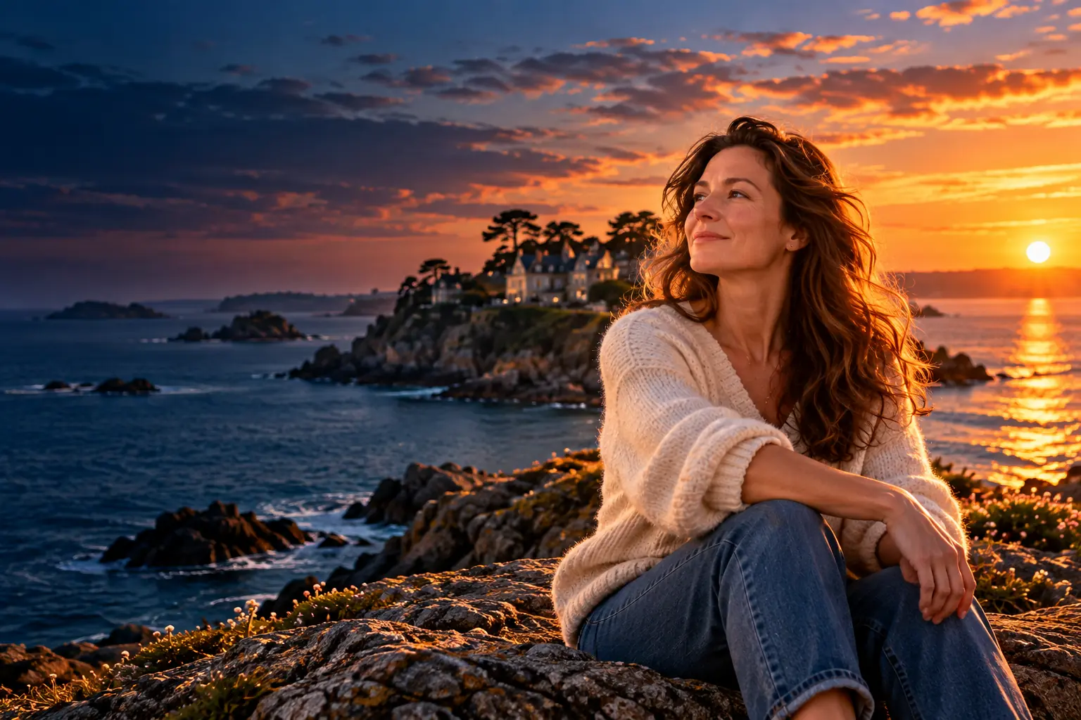Femme en pull de laine crème assise sur les rochers au bord de la mer à Dinard au coucher du soleil, le dos droit, le regard tourné vers l'horizon, sereine et confiante