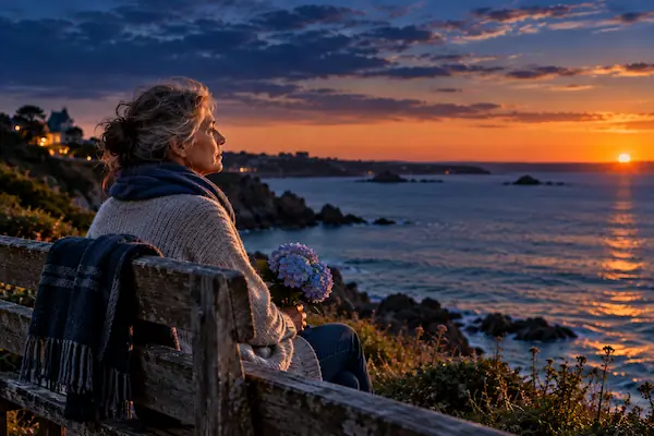 Femme âgée assise sur un banc face à la mer, une écharpe d'homme posée sur le dossier à côté d'elle, un bouquet d'hortensias bleus dans les mains