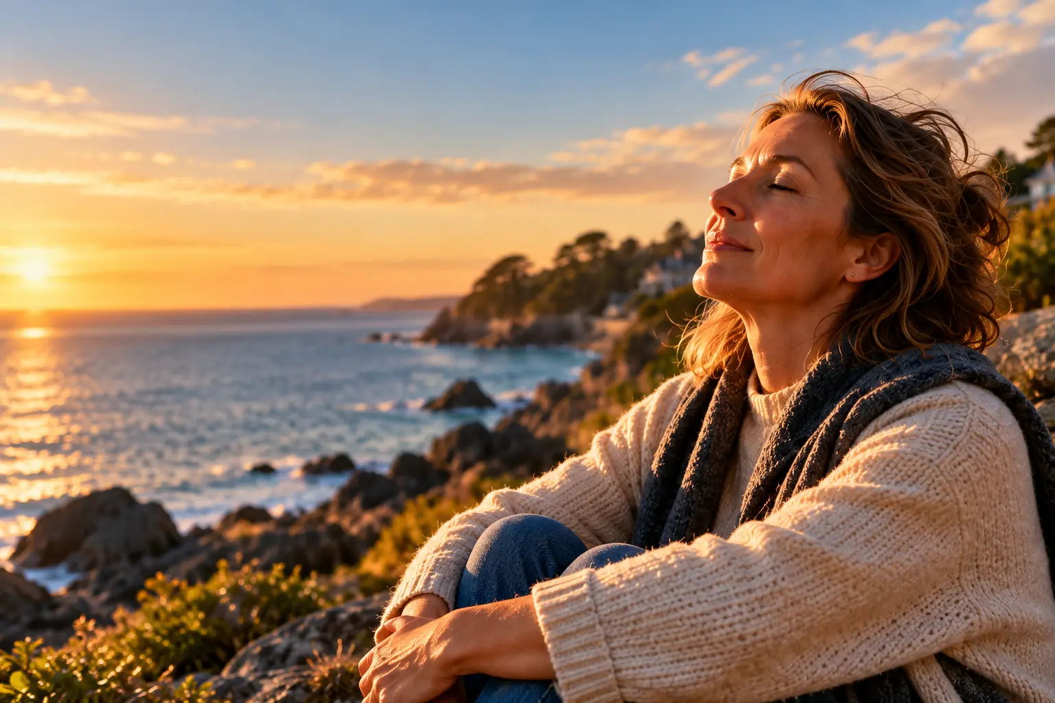 Femme apaisée, les yeux fermés, assise sur les rochers de la Côte d'Émeraude face au soleil couchant