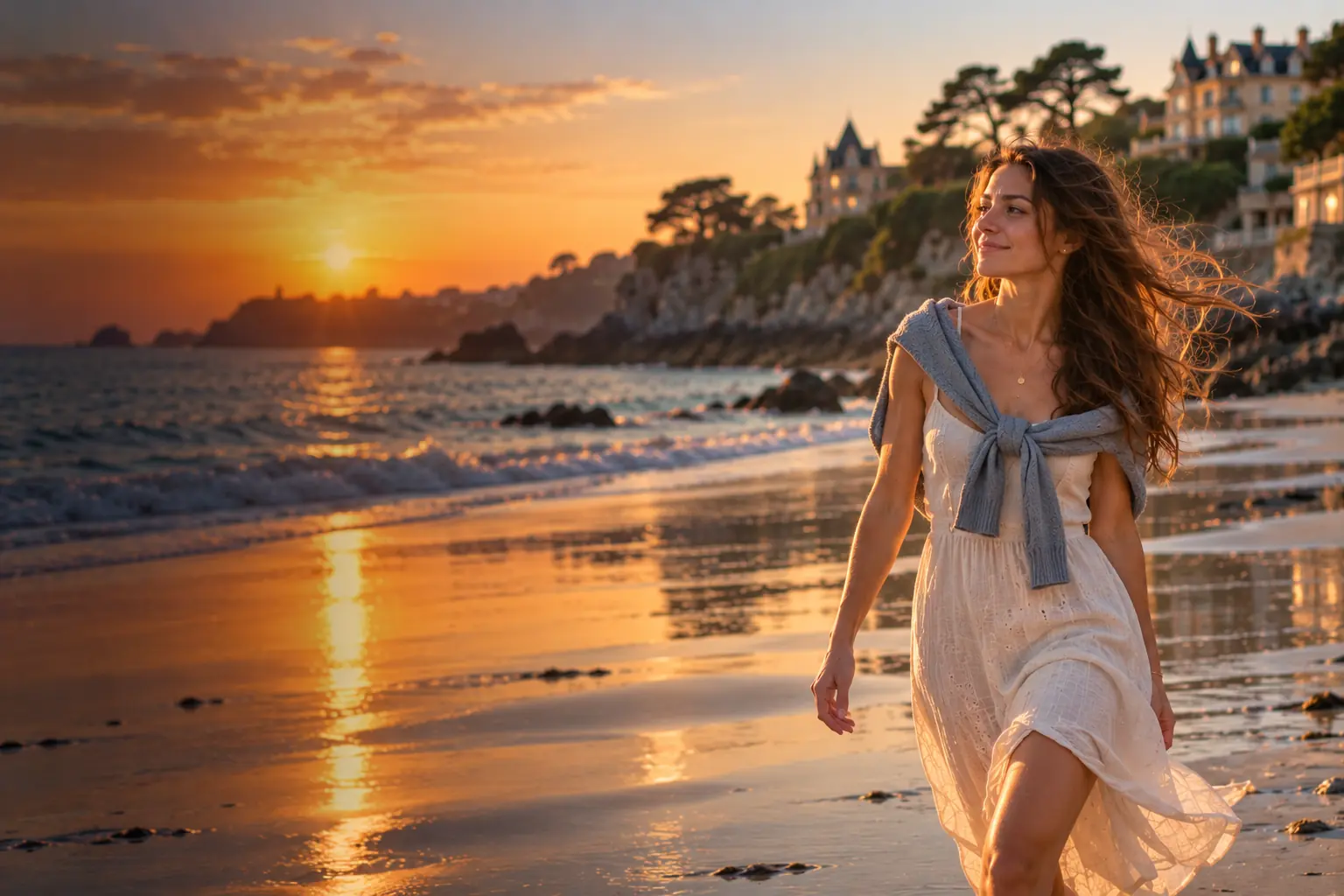 Jeune femme qui marche sereinement sur la plage de Saint-Énogat à Dinard au coucher du soleil