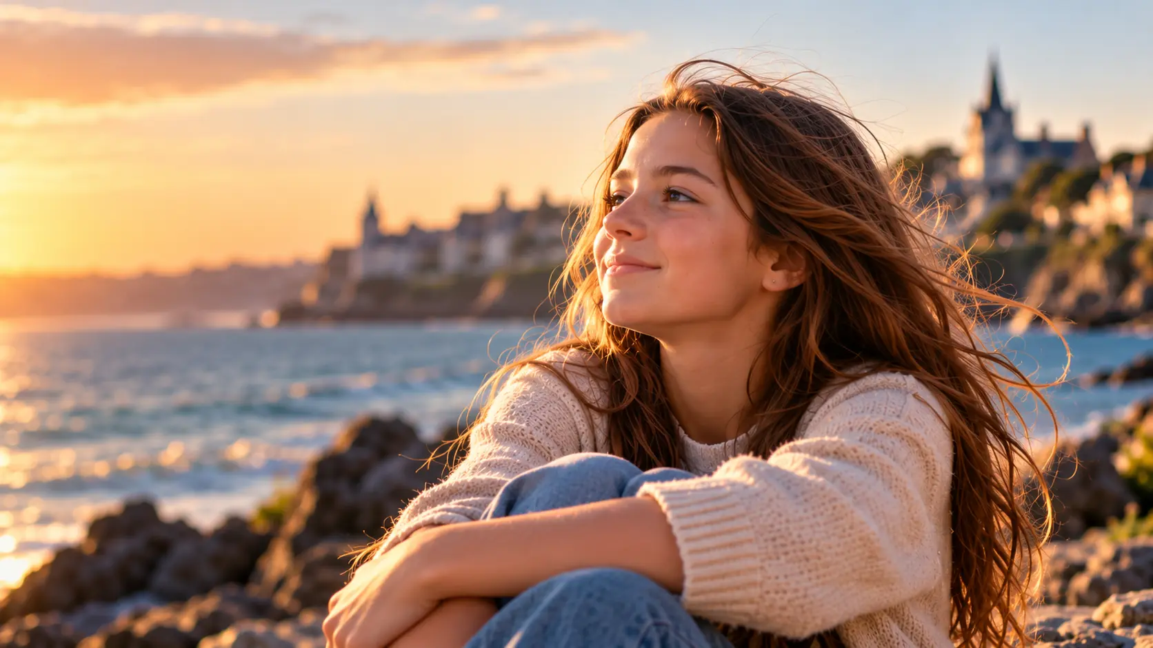 Adolescente souriante assise sur les rochers de la Côte d'Émeraude au coucher du soleil, les cheveux dans le vent, villas de Dinard en arrière-plan