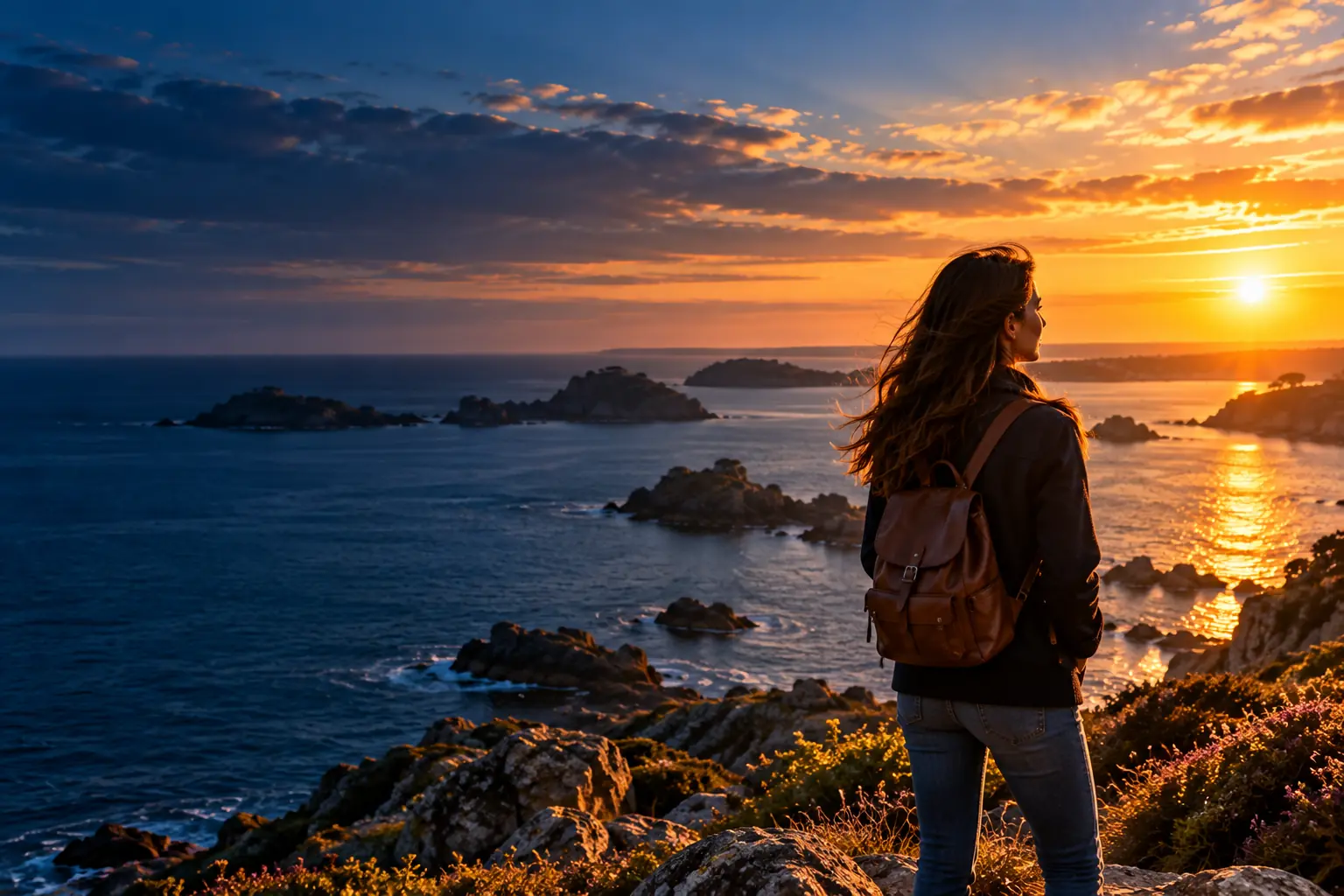 Femme vue de dos en haut d'une falaise de la Côte d'Émeraude, face à la mer au coucher du soleil