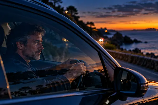 Homme assis au volant de sa voiture garée au bord d'une route côtière au crépuscule, les mains sur le volant, hésitant à démarrer