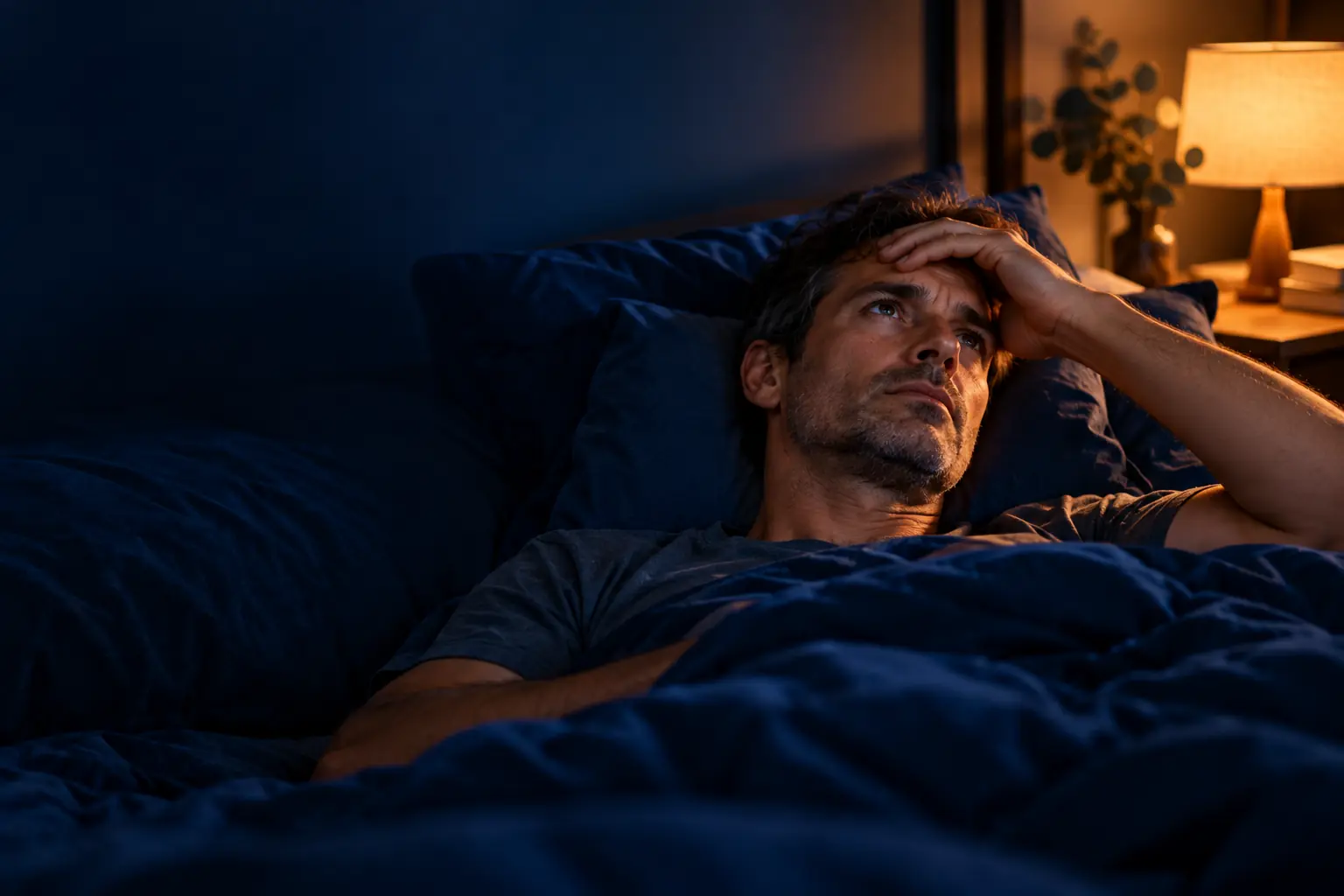 Homme éveillé dans son lit en pleine nuit, les yeux ouverts, à la lumière d'une lampe de chevet